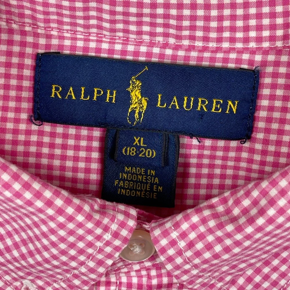 Ralph Lauren Button Down Shirt Boys XL Pink White Gingham Cotton Preppy Classic